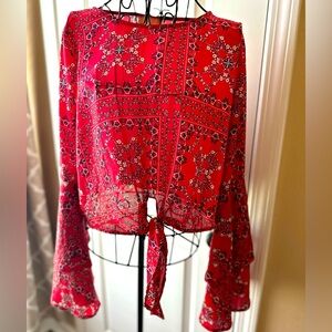 Altar'd State Tie Front Crop Top Red Bell Sleeve
